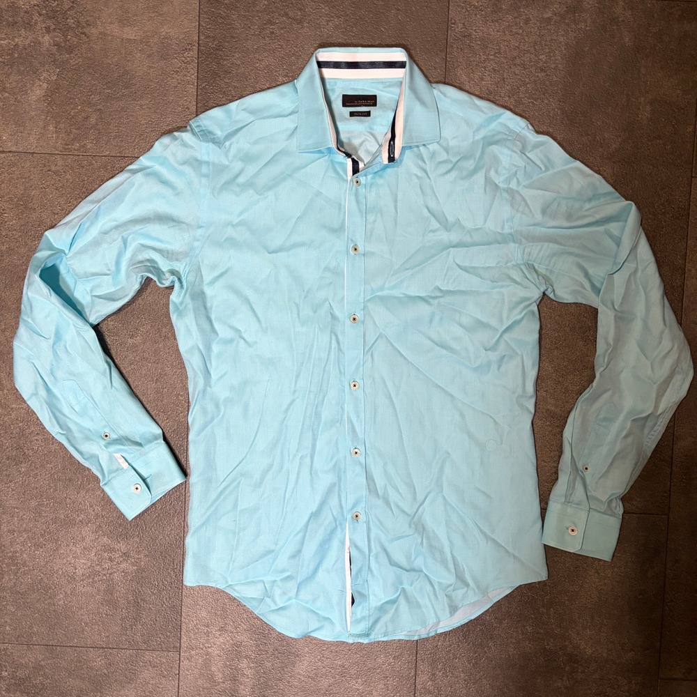 Zara Man Black Tag Slim Fit Light Blue Geometric Jacquard Cotton Shirt Mens M